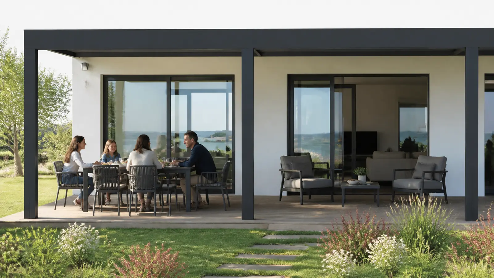 Espace repas et deux fauteuils répartis sous le bandeau d’une longue pergola adossée