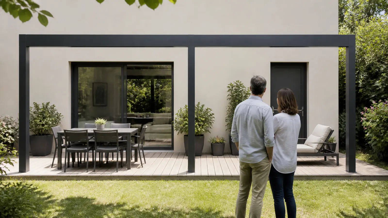 Deux propriétaires observant une façade avec baie, porte, table et fauteuil depuis le jardin