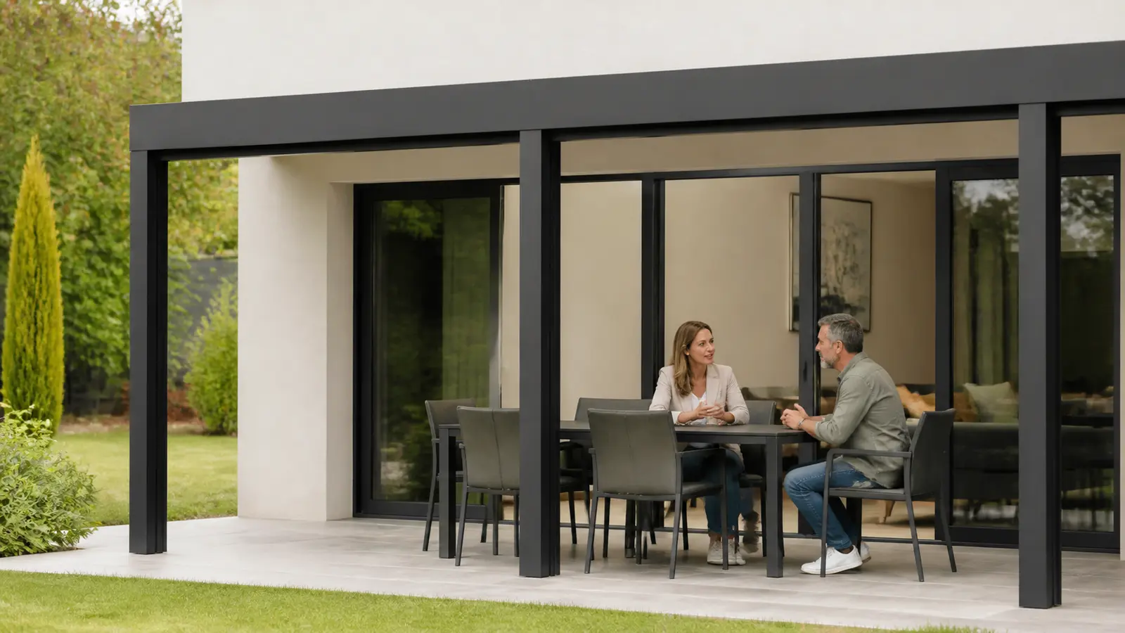 Conseillère et propriétaire échangeant à une table devant une grande baie vitrée