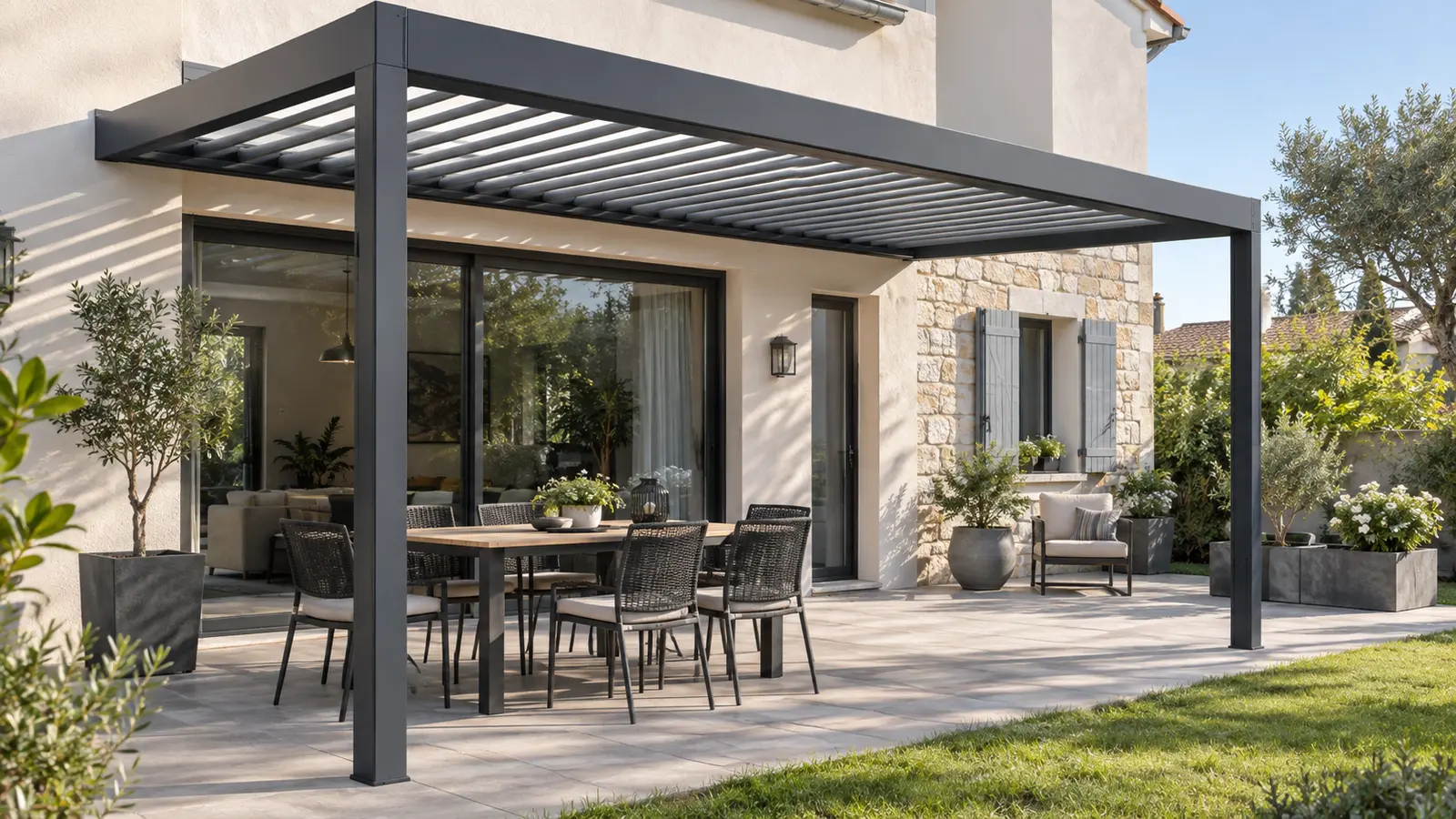 Pergola anthracite devant une façade avec grande baie vitrée, porte étroite, volets gris et coin salon