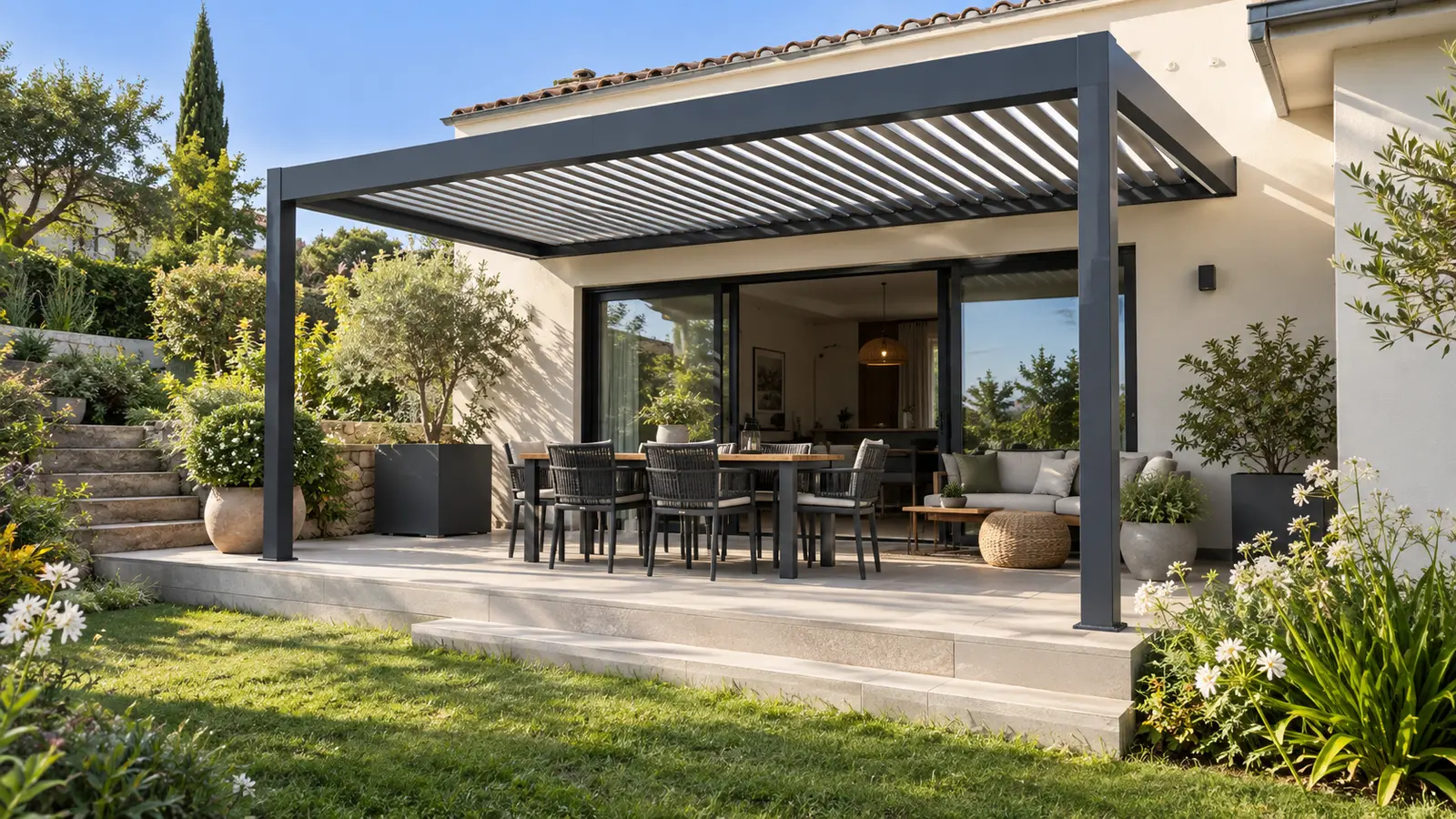 Pergola adossée sur une terrasse surélevée avec baies vitrées, marches vers le jardin et table extérieure