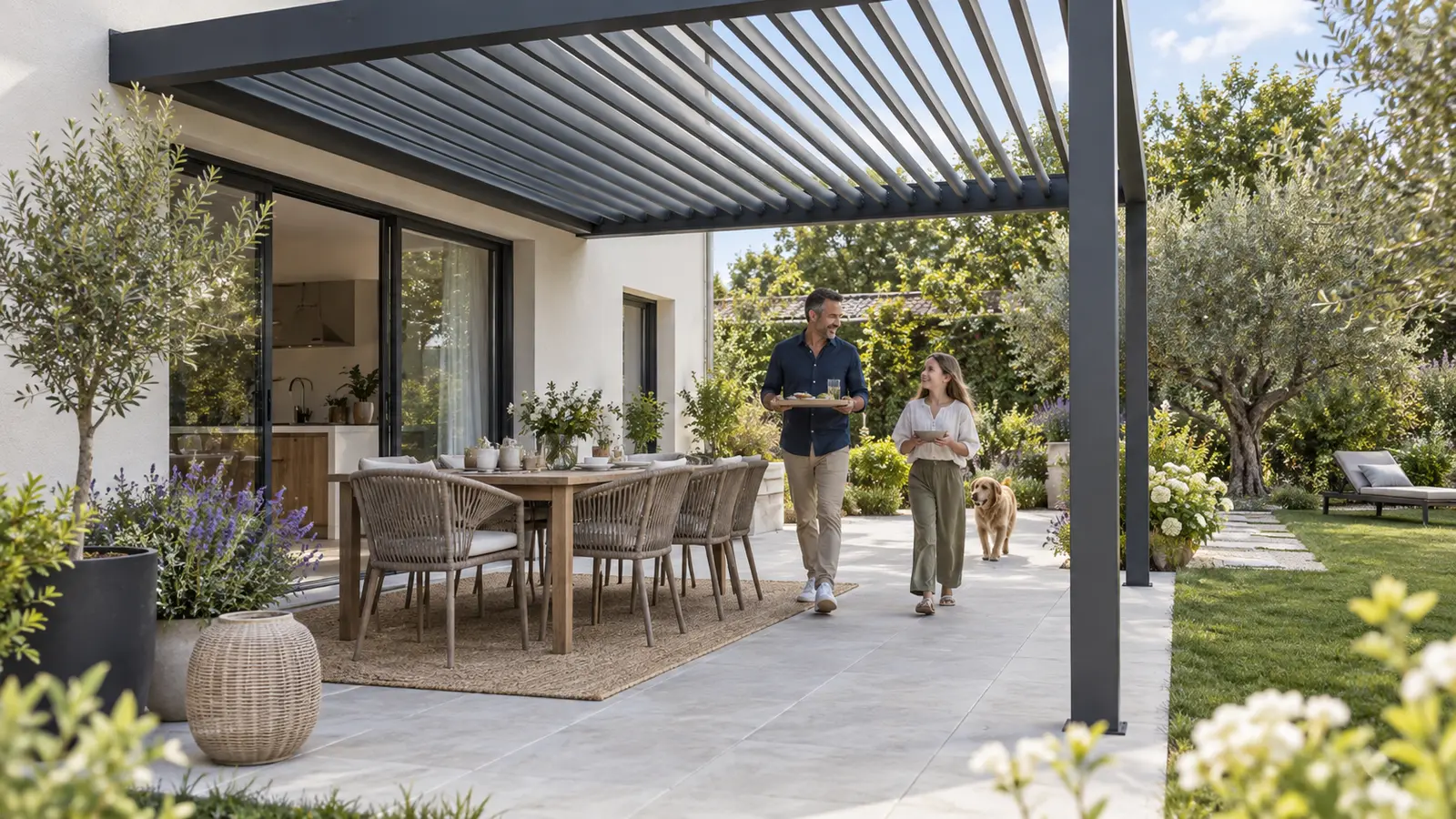 Deux adultes marchent avec un plateau entre une table extérieure et le jardin sous une pergola adossée