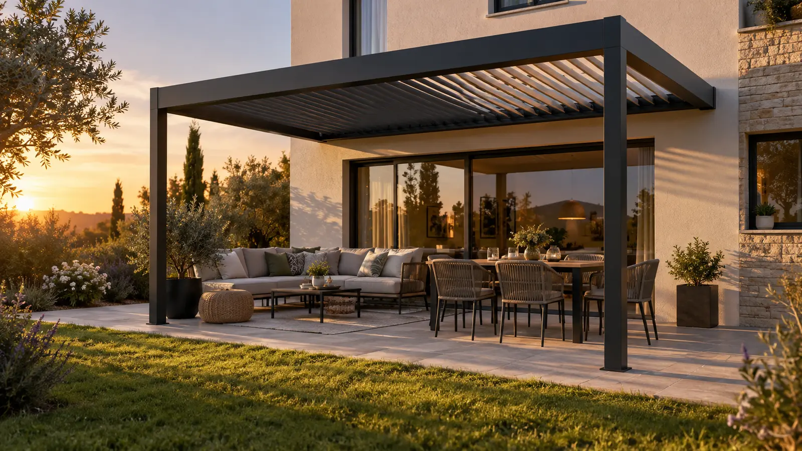 Pergola anthracite adossée éclairée par un soleil bas avec salon extérieur et table de repas