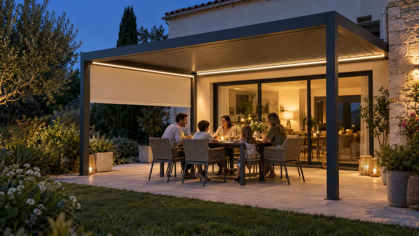 Repas du soir sous une pergola adossée avec éclairage chaud et store latéral clair partiellement descendu