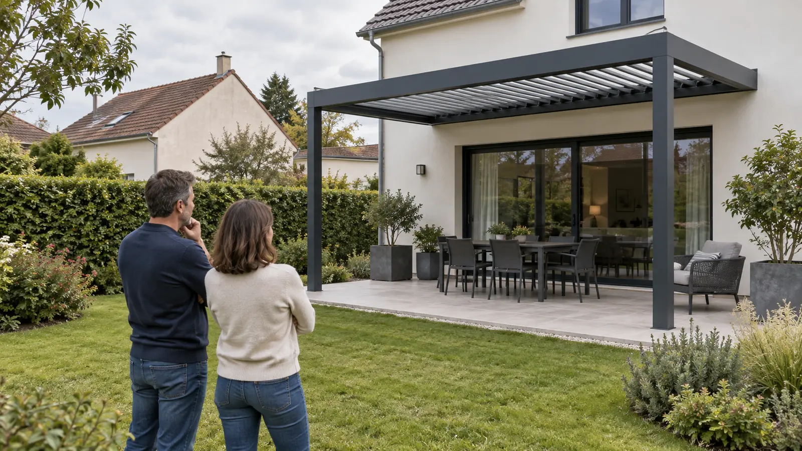 Deux personnes observent une pergola adossée depuis un jardin avec haie et maison voisine en arrière-plan