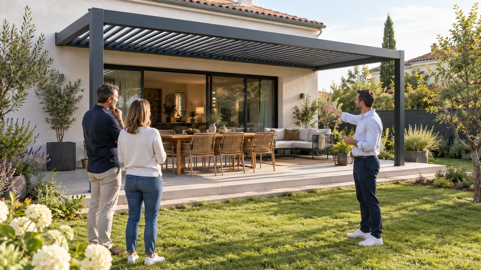 Trois adultes échangent dans un jardin devant une pergola adossée avec table, salon et baie vitrée