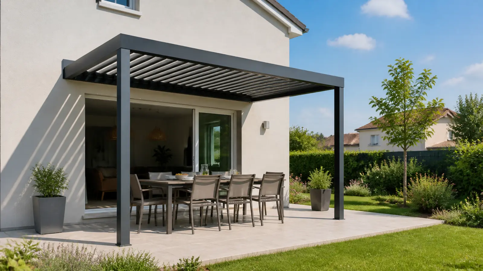 Pergola bioclimatique adossée : conception, lumière et fixation