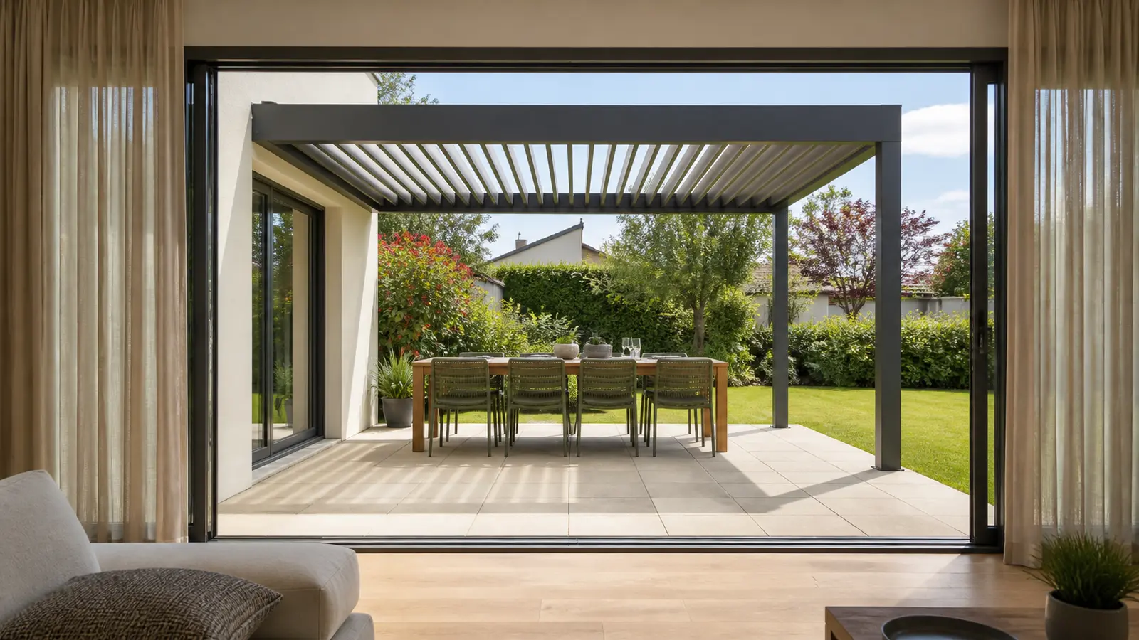 Vue depuis un séjour vers une pergola adossée aménagée en salle à manger extérieure