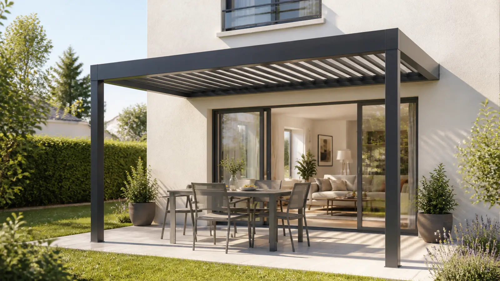 Salon lumineux derrière une baie vitrée ouverte sur une pergola adossée aux lames entrouvertes