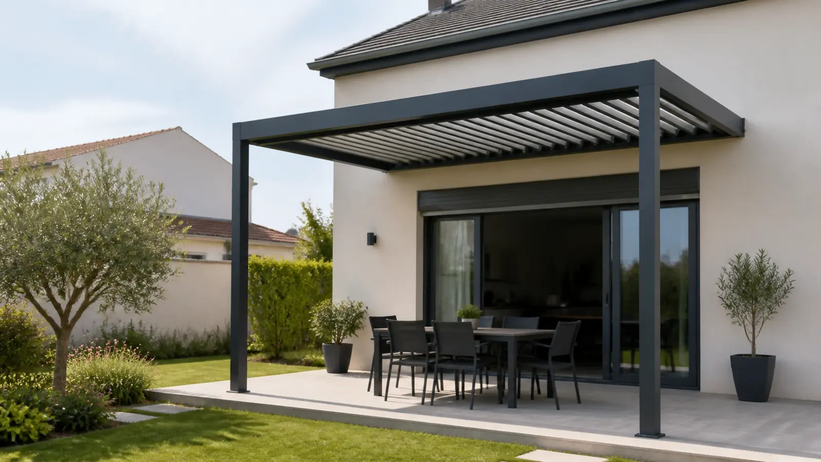 Façade de maison avec baie vitrée, volet roulant et pergola adossée laissant les ouvertures dégagées