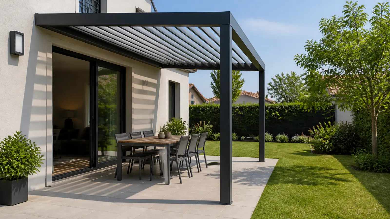 Terrasse sous pergola adossée avec table décalée et passage libre entre la baie vitrée et le jardin