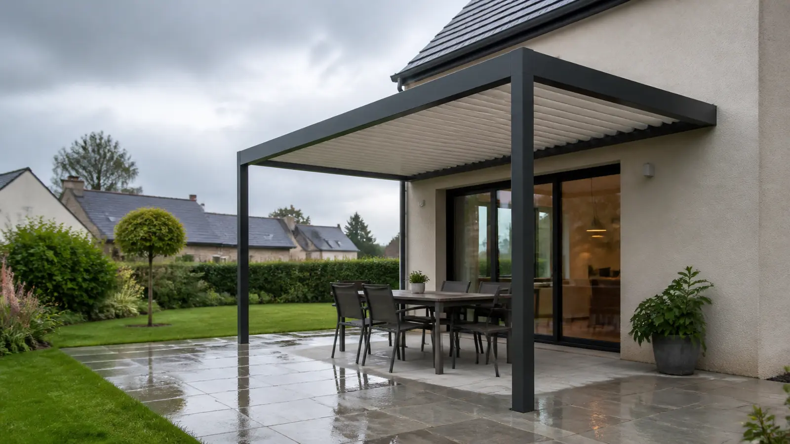Terrasse humide après une averse avec espace repas sec sous une pergola adossée