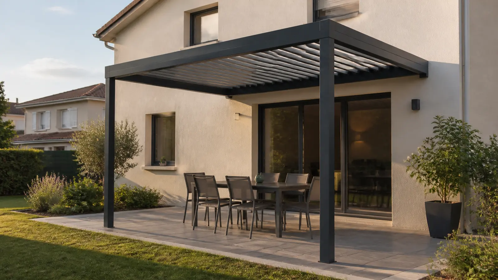 Pergola adossée anthracite intégrée à la façade sobre d’une maison dans un quartier résidentiel français