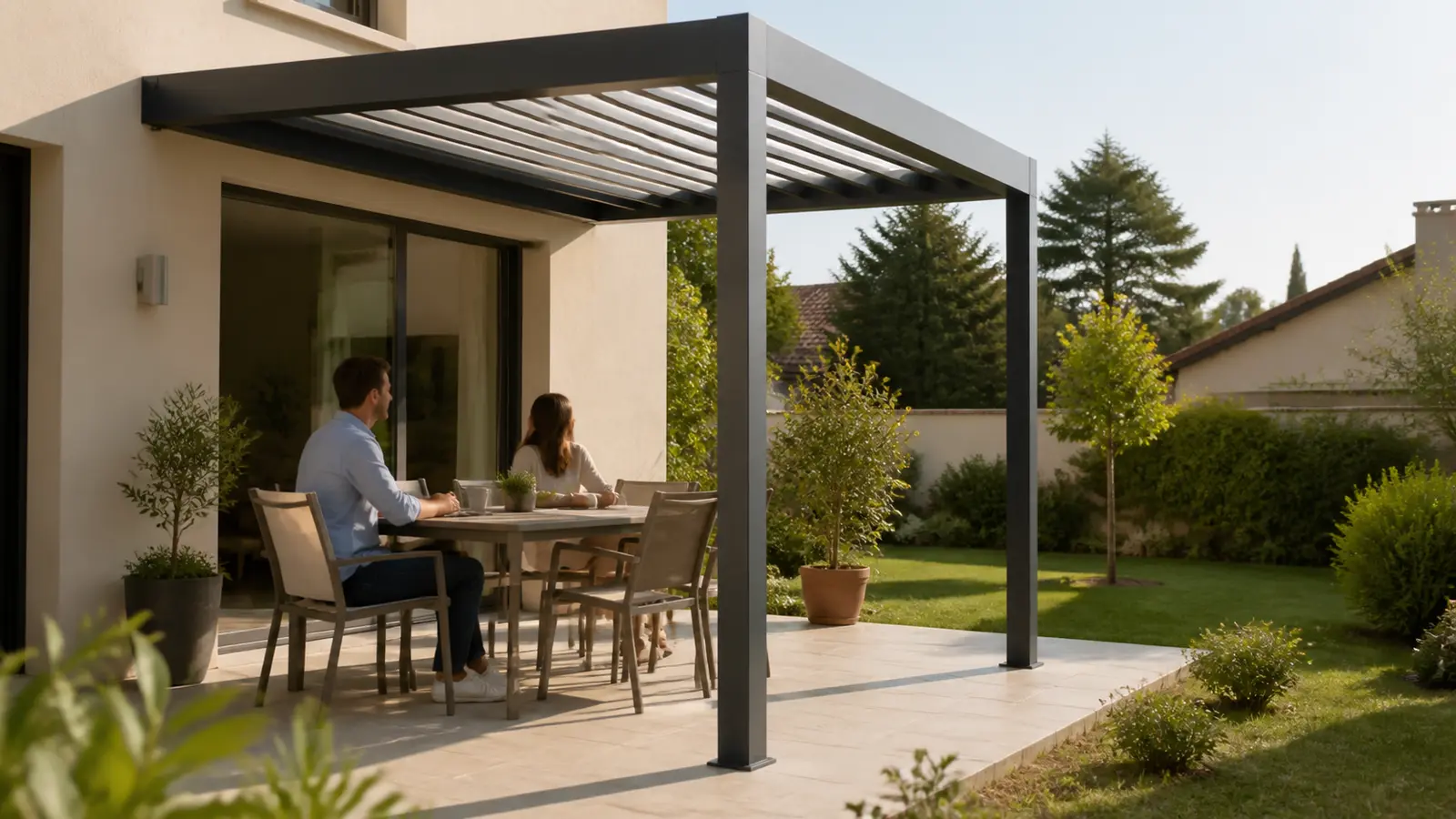 Couple assis à une table extérieure observant leur terrasse sous une pergola adossée