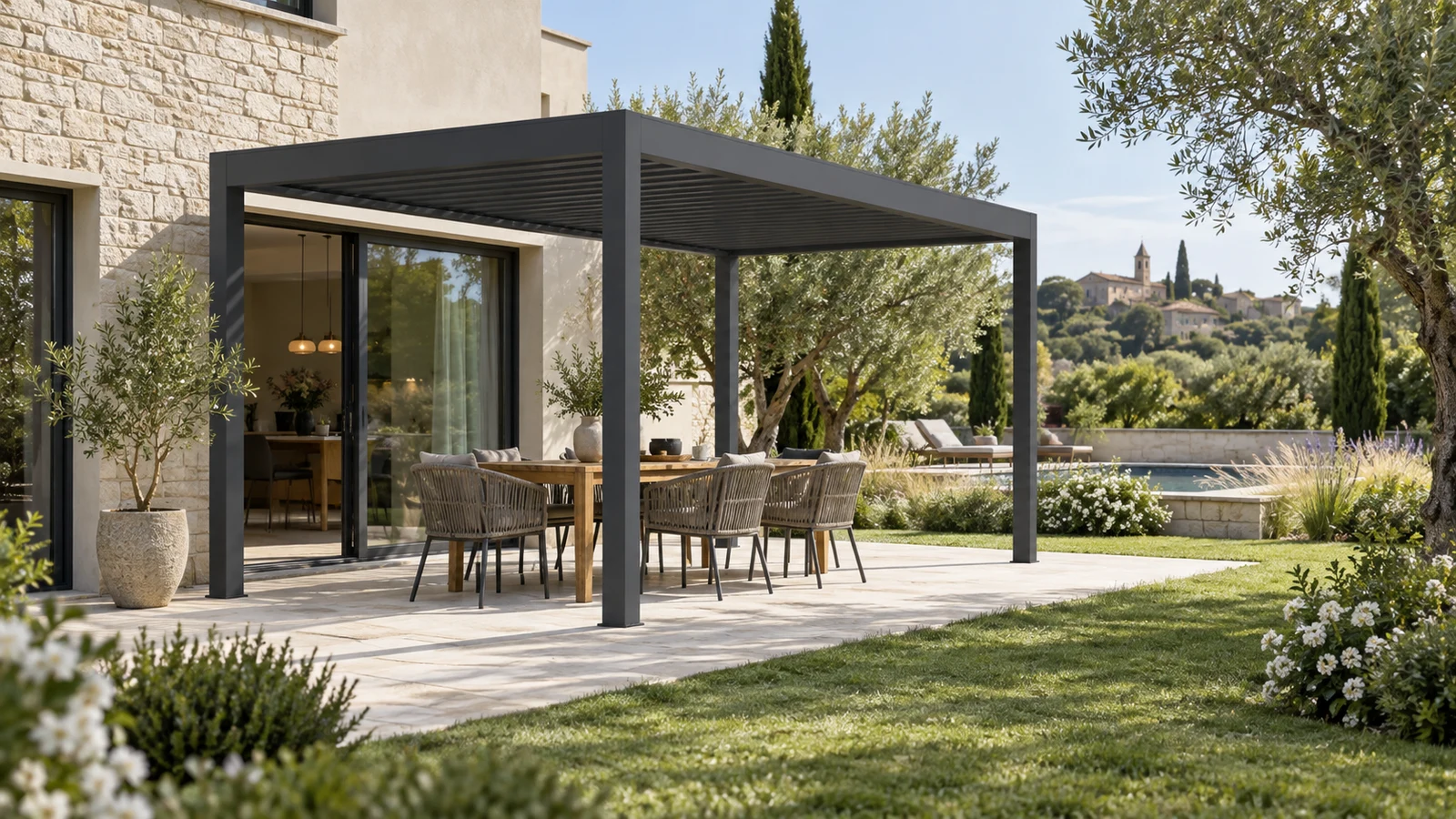 Pergola bioclimatique autoportée : implantation et fondations