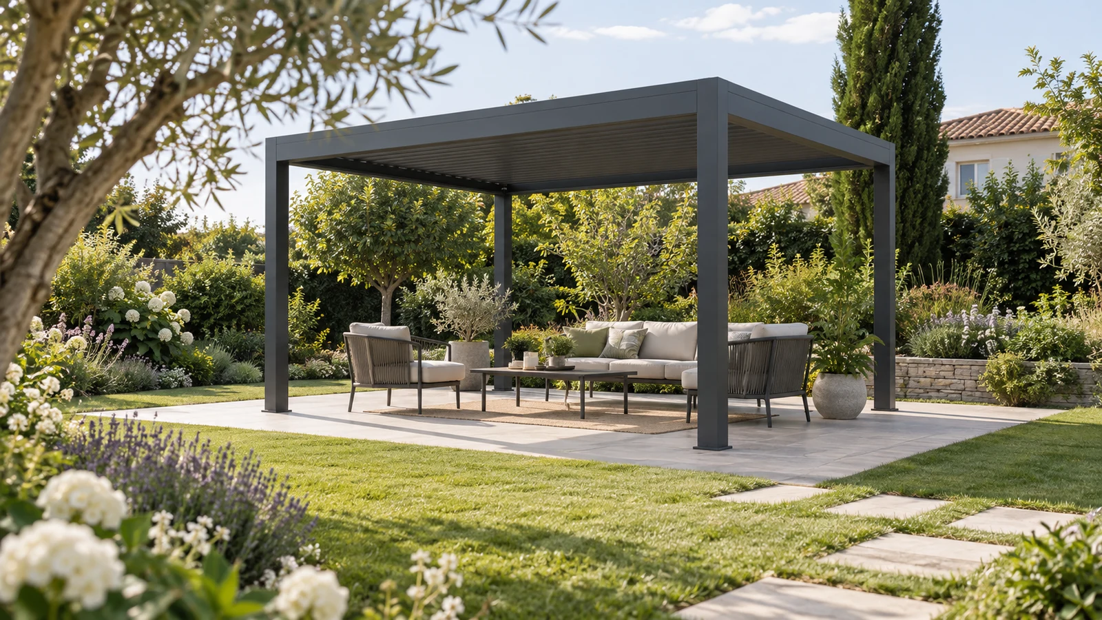 Pergola autoportée anthracite avec salon de jardin au centre d’une terrasse entourée de massifs fleuris