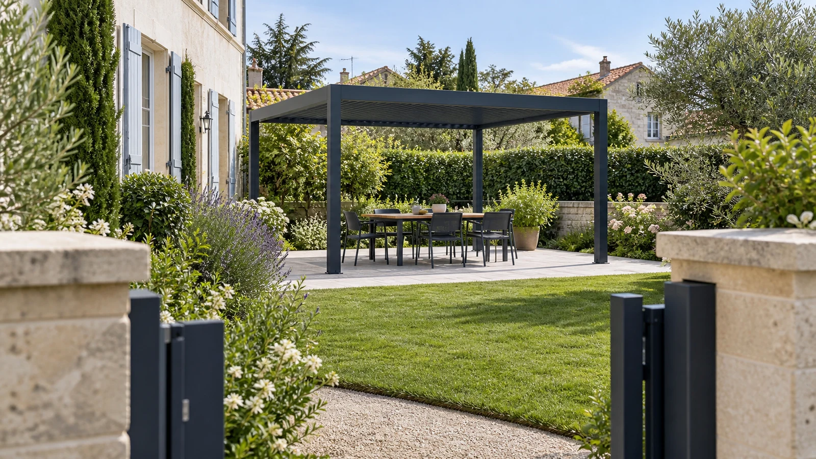 Pergola autoportée anthracite visible depuis une entrée de jardin avec haie et maisons voisines en arrière-plan