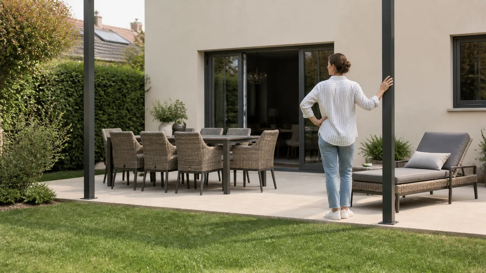 Une propriétaire observe une table, une chaise longue et les passages ouverts devant une façade claire