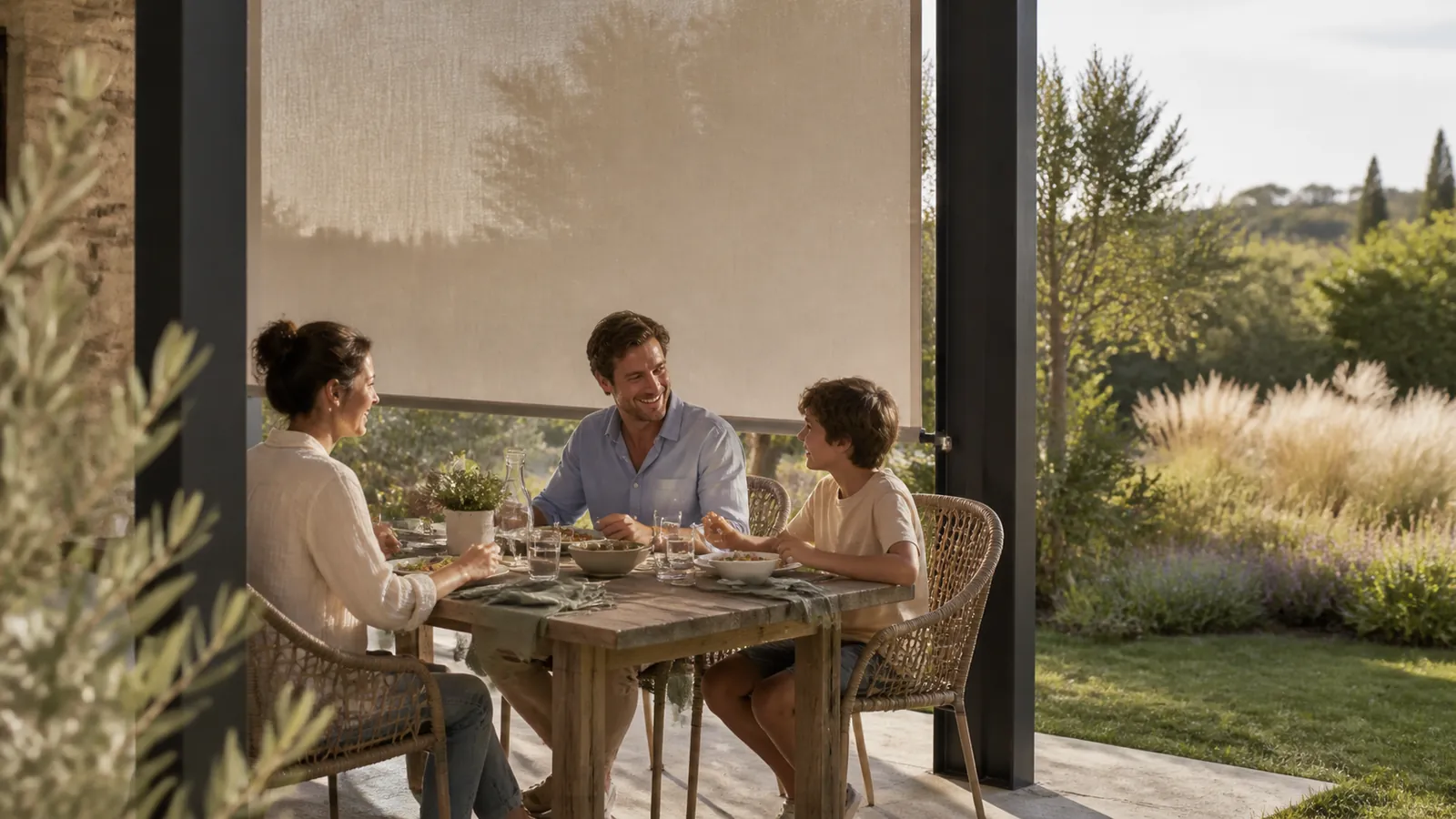 Une famille déjeune devant un store clair avec un jardin lumineux laissé ouvert sur le côté