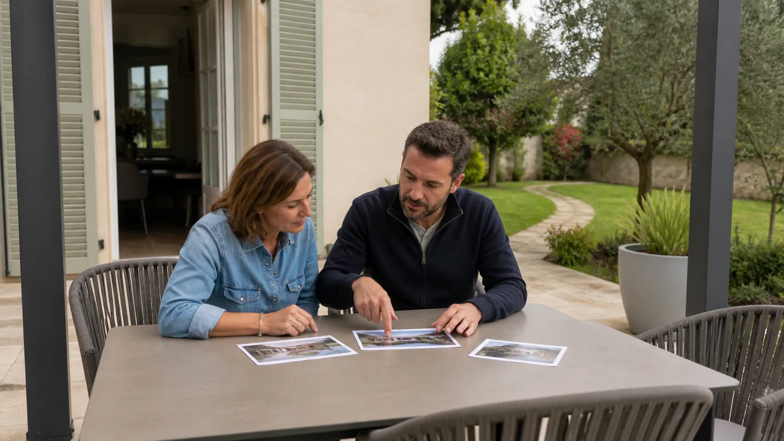 Une propriétaire et un conseiller comparent des photos de la terrasse autour d’une table extérieure