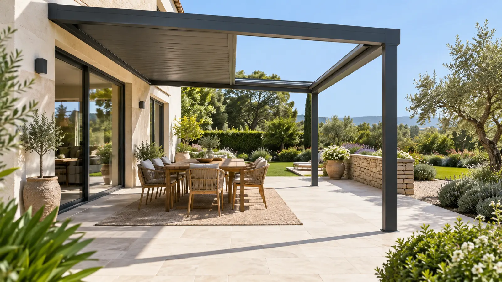 Table de repas sous une pergola anthracite avec une partie de terrasse largement ouverte au ciel