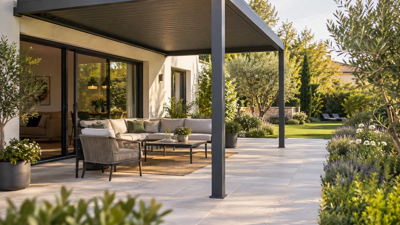 Salon extérieur sous une pergola anthracite avec passage dégagé entre la baie vitrée et le jardin