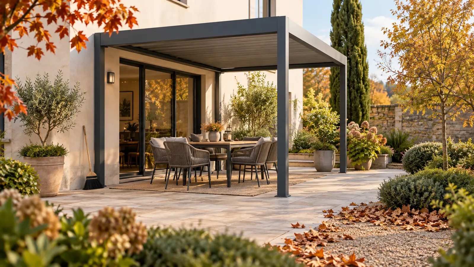 Terrasse d’automne propre sous une pergola anthracite avec table de repas et feuilles au bord du jardin