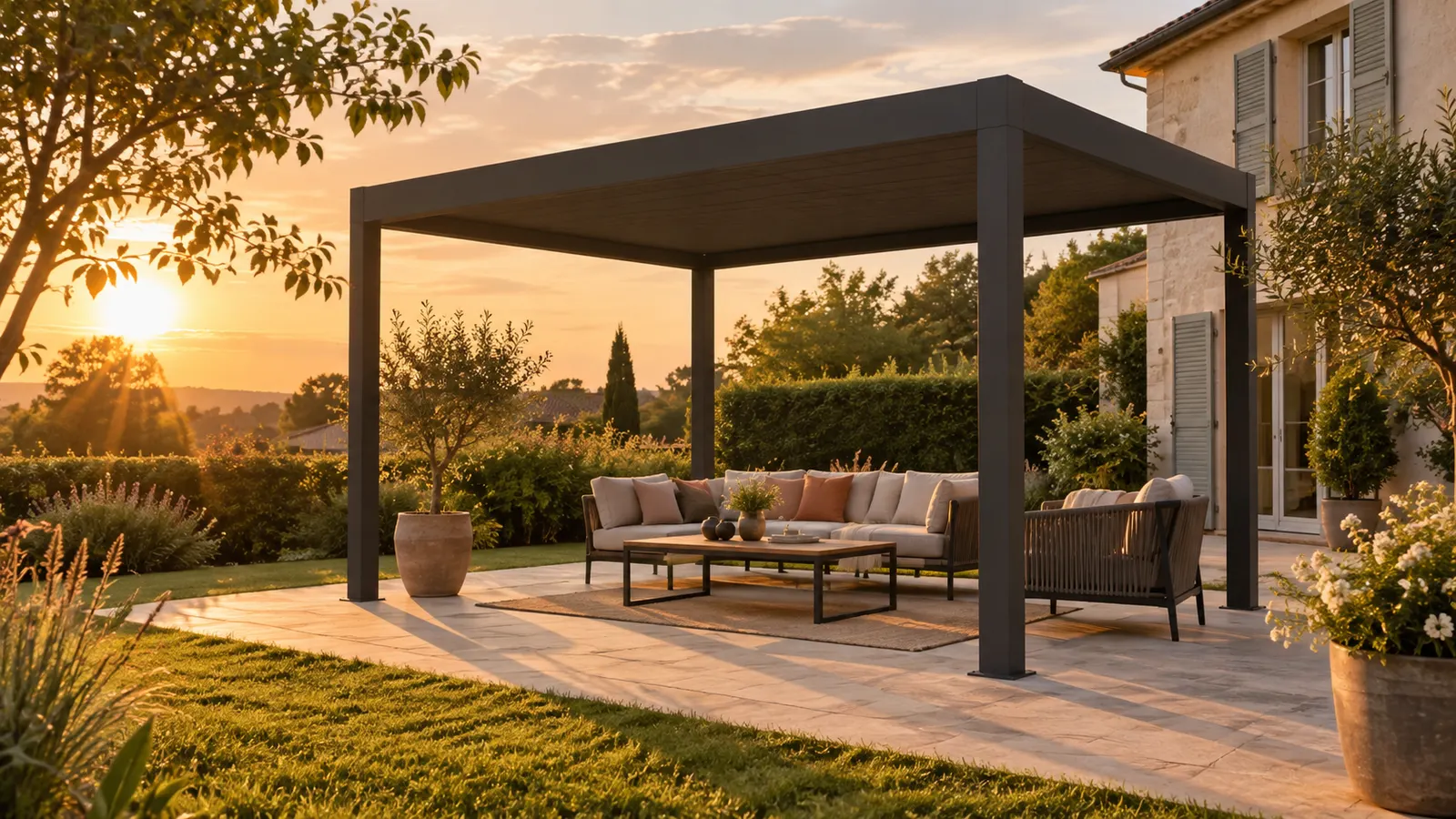 Pergola autoportée anthracite avec salon extérieur éclairé par un soleil bas de fin de journée