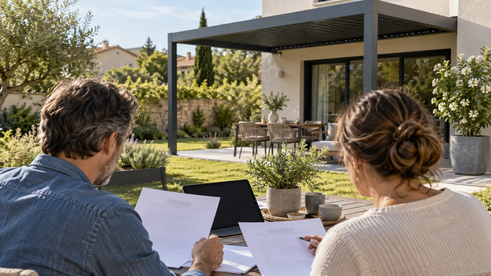 Deux adultes consultent des documents non lisibles devant une terrasse avec pergola en arrière-plan