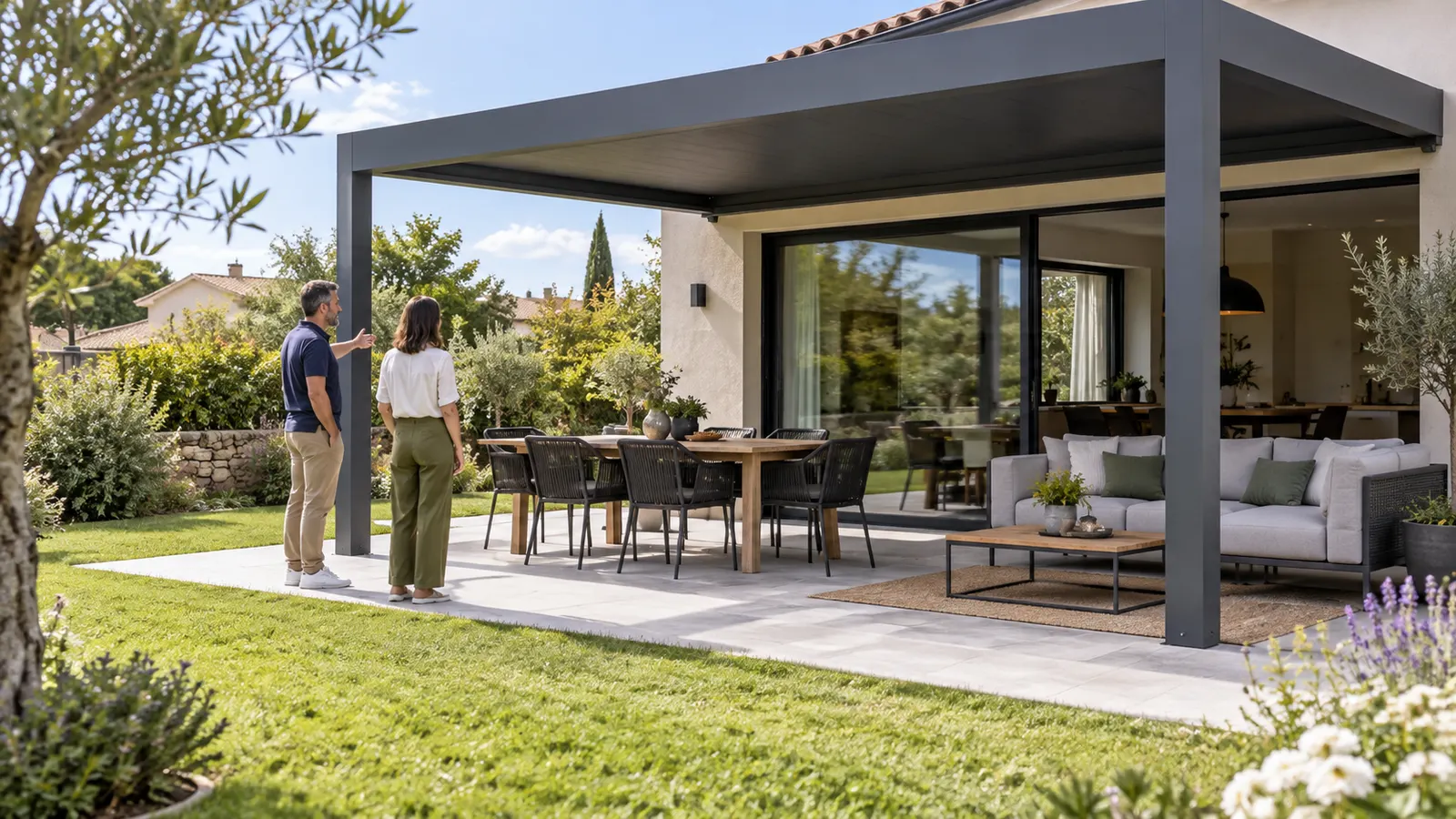 Deux personnes observent une terrasse meublée sous une pergola anthracite avant un devis