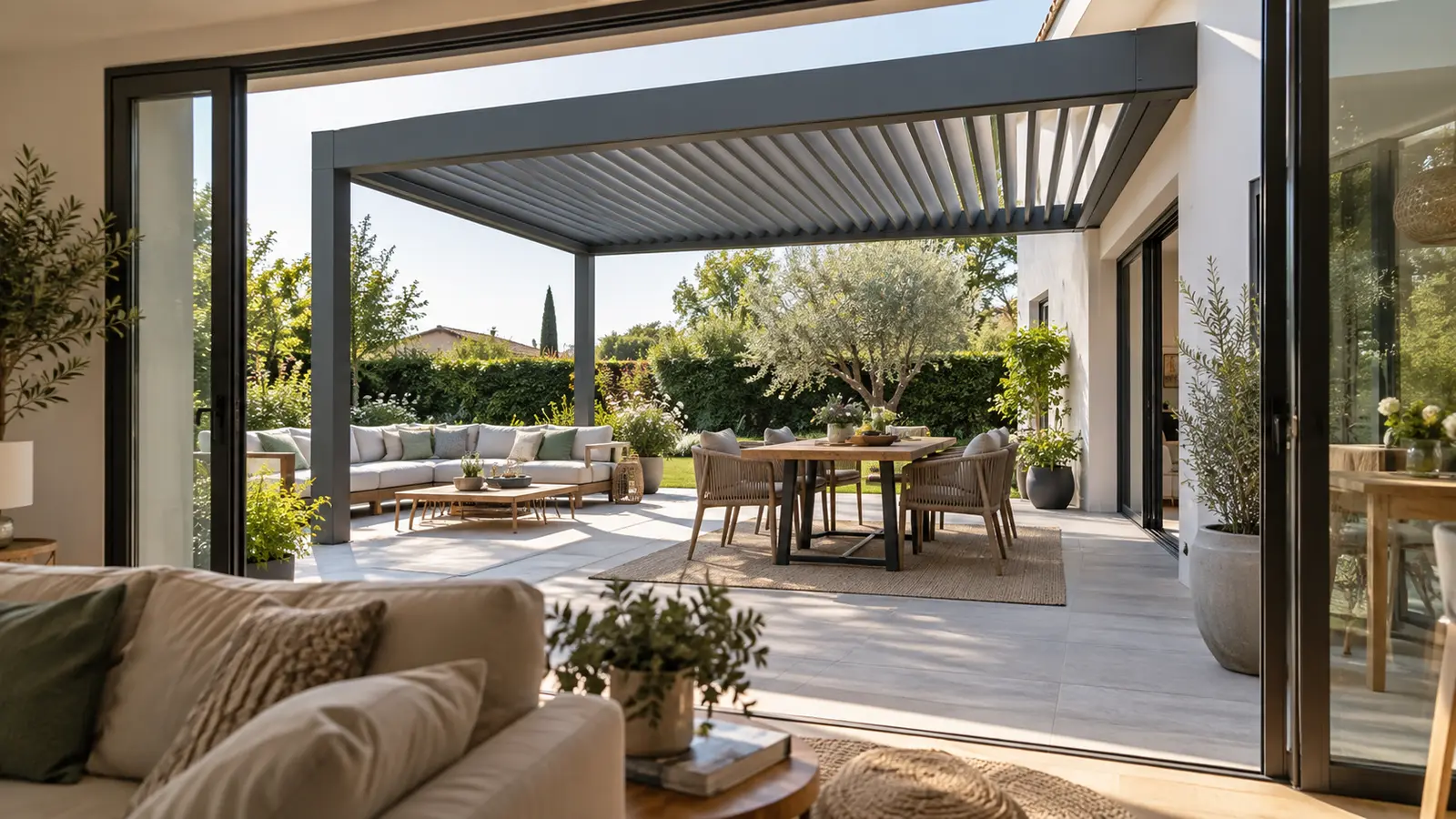 Grande terrasse vue depuis un salon avec pergola anthracite, coin repas et canapé extérieur
