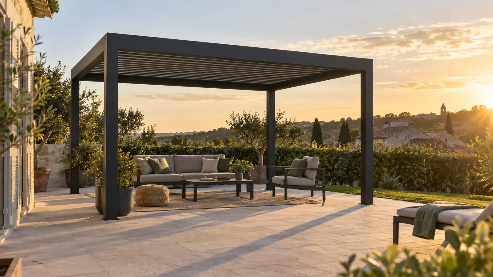 Pergola autoportée anthracite avec salon extérieur éclairé par un soleil bas de fin de journée