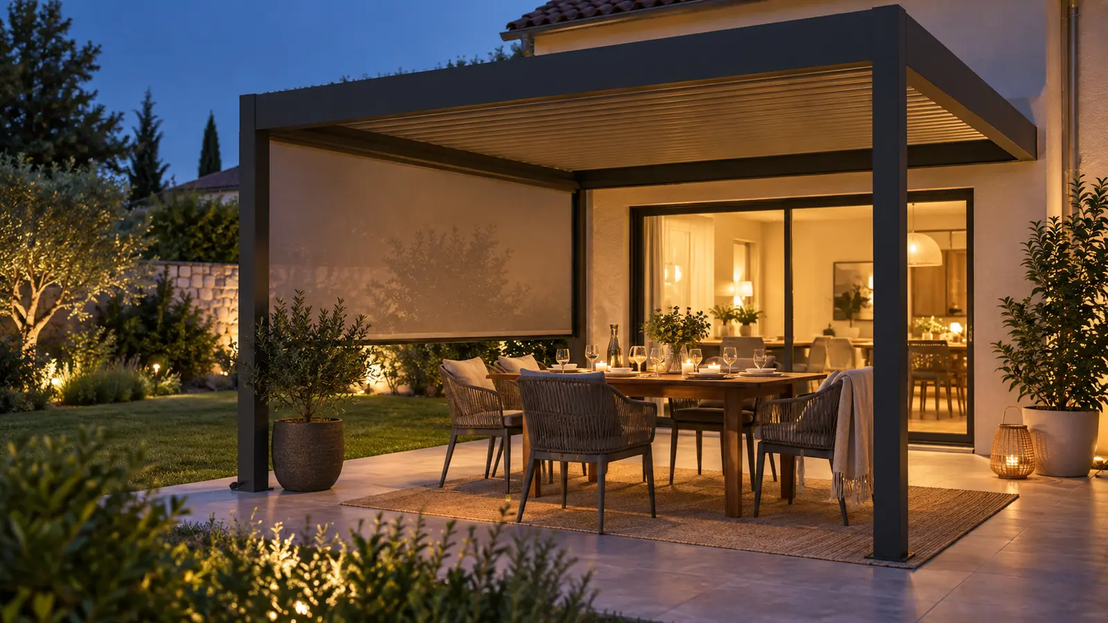 Repas du soir sous une pergola anthracite avec éclairage chaud et store latéral en toile