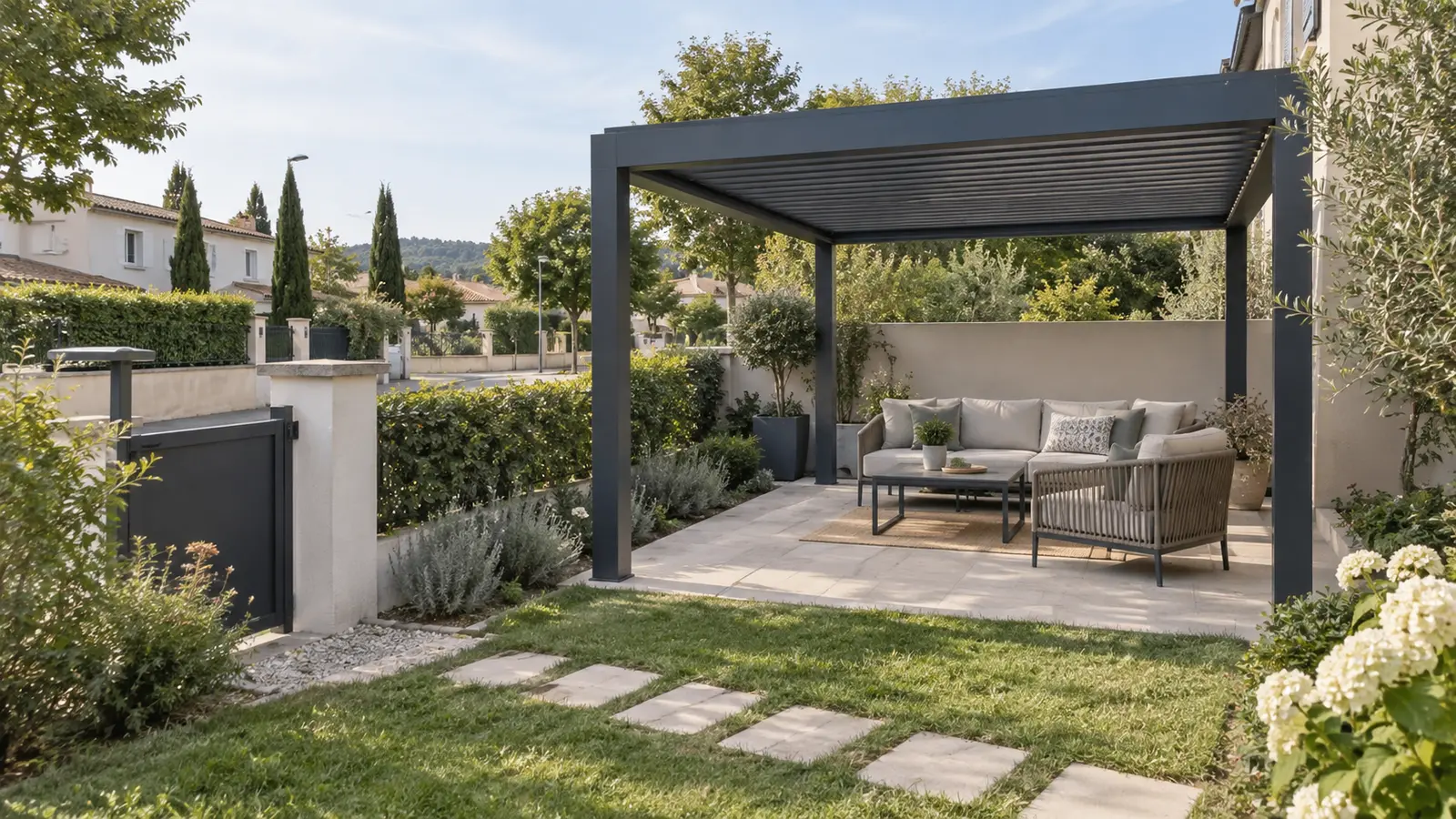 Pergola autoportée anthracite dans un jardin proche d’une rue calme et de maisons voisines