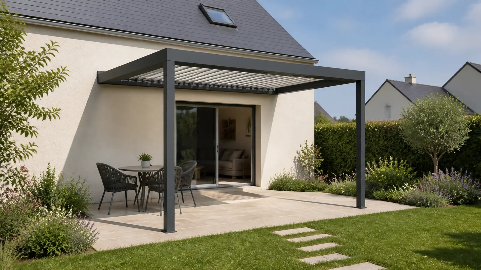 Pergola anthracite adossée avec table ronde sur un côté et passage libre vers le jardin