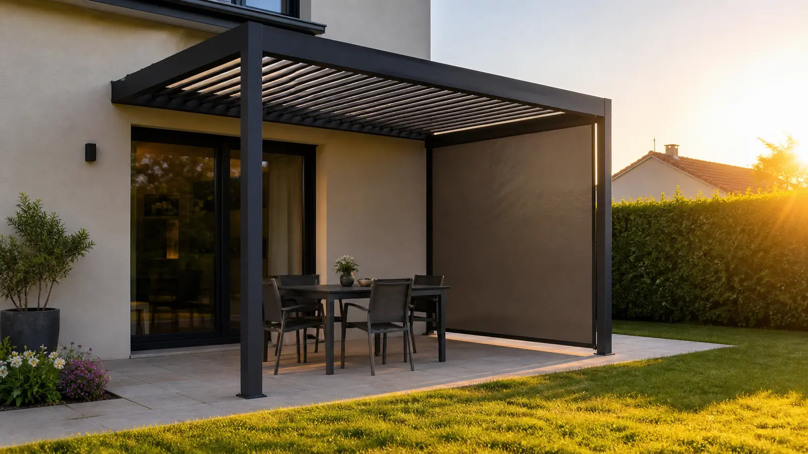 Pergola adossée avec store latéral abaissé devant un soleil couchant et table de quatre personnes