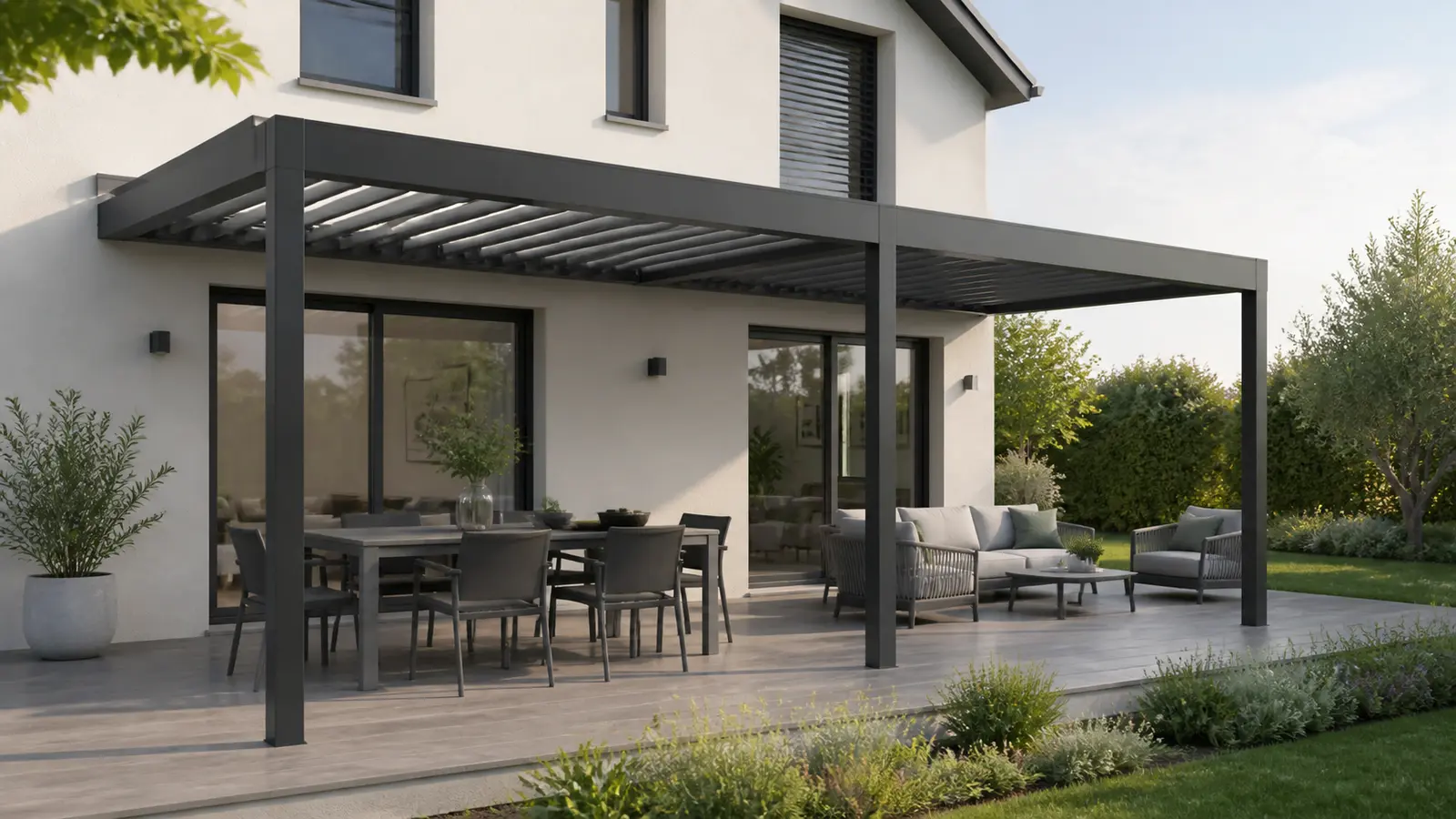 Grande pergola adossée à deux espaces avec table à manger d’un côté et salon extérieur de l’autre