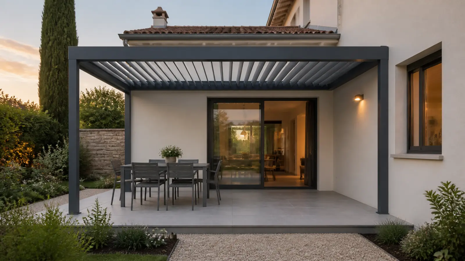 Pergola anthracite avec table de quatre personnes et large passage libre devant une baie vitrée