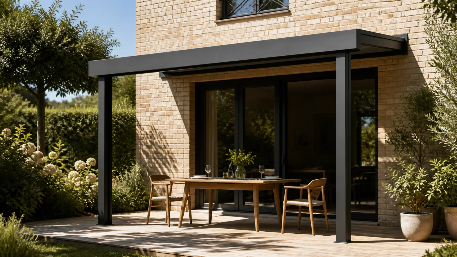 Table en bois installée dans une zone ombragée devant une façade en brique claire