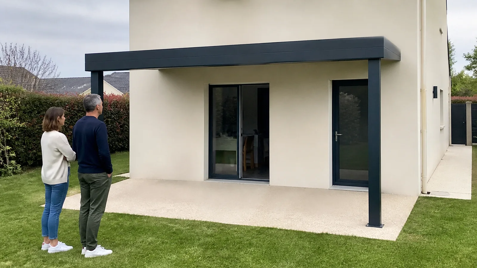 Deux propriétaires observent une terrasse vide, ses ouvertures et son passage latéral