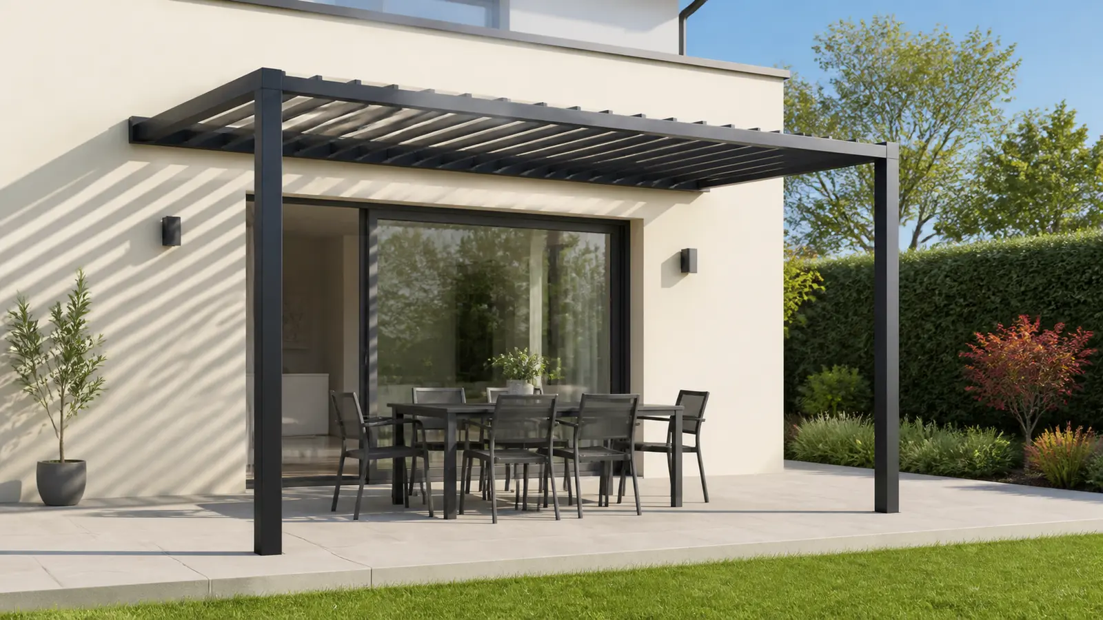 Pergola adossée simple devant une baie vitrée sur une terrasse rectangulaire régulière
