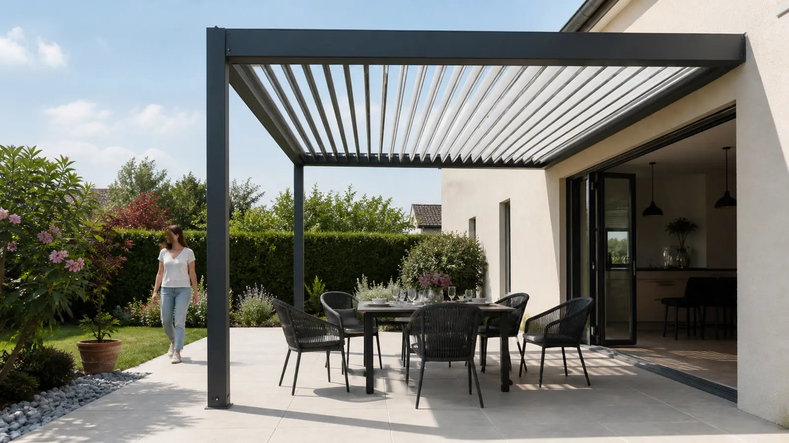 Table de terrasse avec chaises reculées sous une pergola et passage latéral occupé par une personne