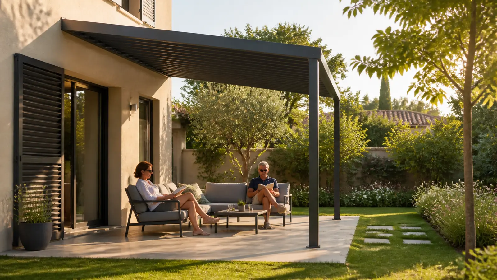 Deux adultes lisant dans un salon ombragé sous une pergola ouverte sur un jardin ensoleillé