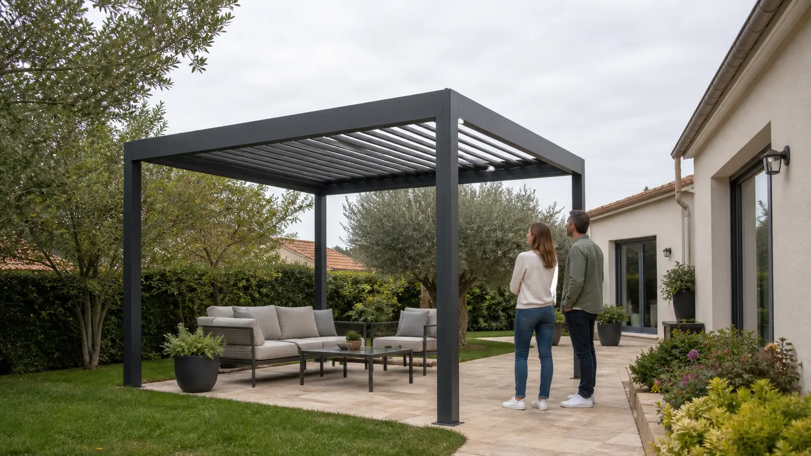 Couple observant depuis la terrasse une pergola autoportée aménagée en salon dans le jardin