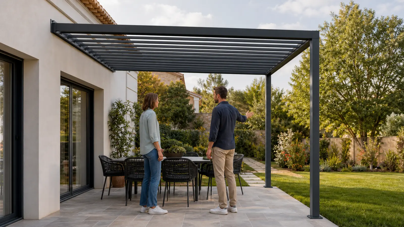 Propriétaire et conseiller échangeant près d’une table sous une pergola ouverte sur le jardin