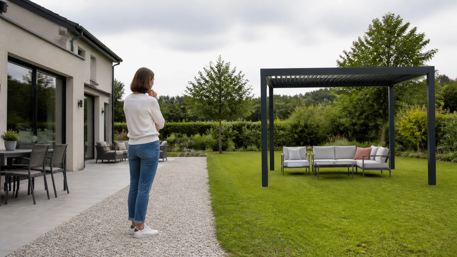 Une propriétaire regarde une pergola autoportée séparée de la terrasse de sa maison