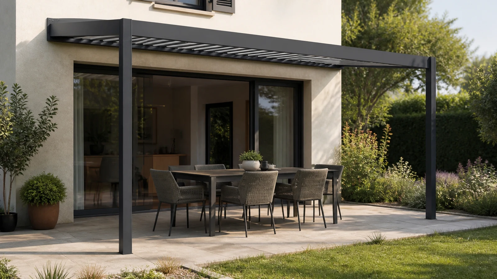 Une table et six chaises occupent une terrasse sous une pergola adossée à deux poteaux