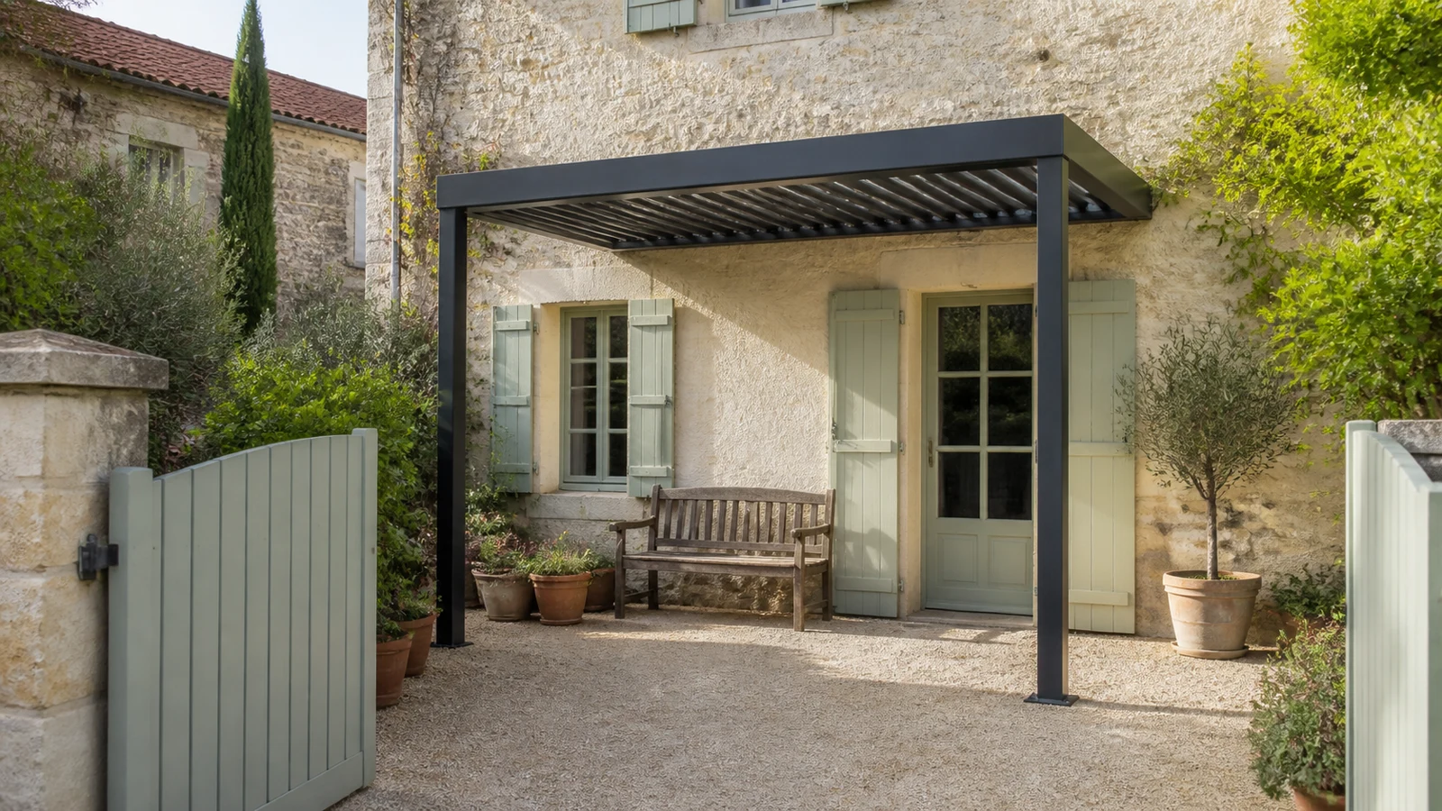 Une pergola anthracite s’insère dans la cour d’une maison ancienne aux volets clairs
