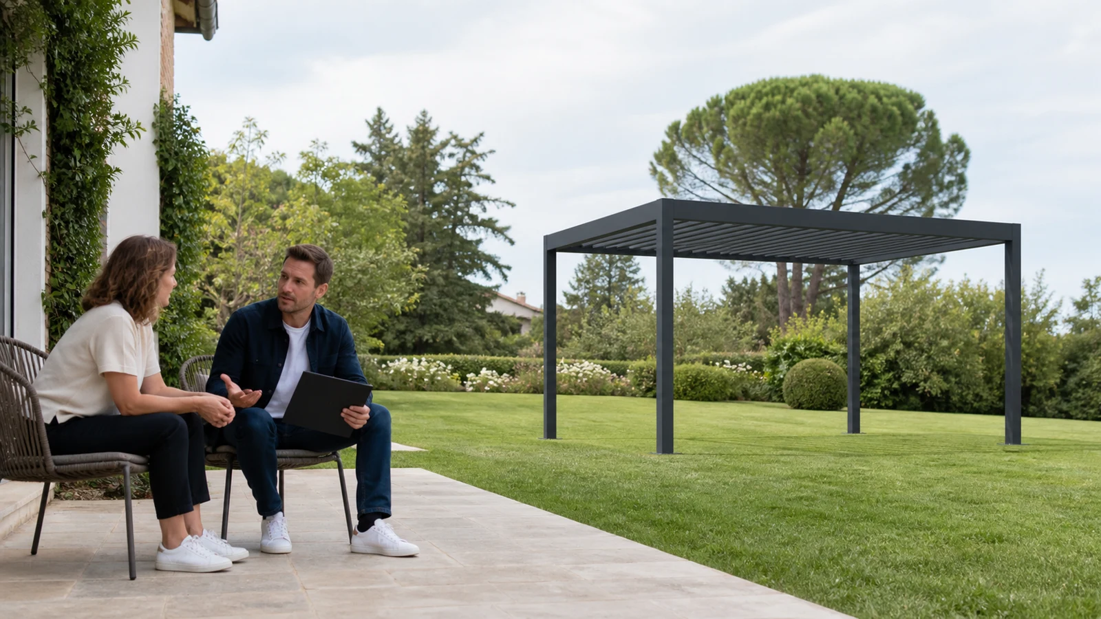 Deux personnes échangent sur une terrasse tandis qu’une pergola autoportée reste visible dans le jardin