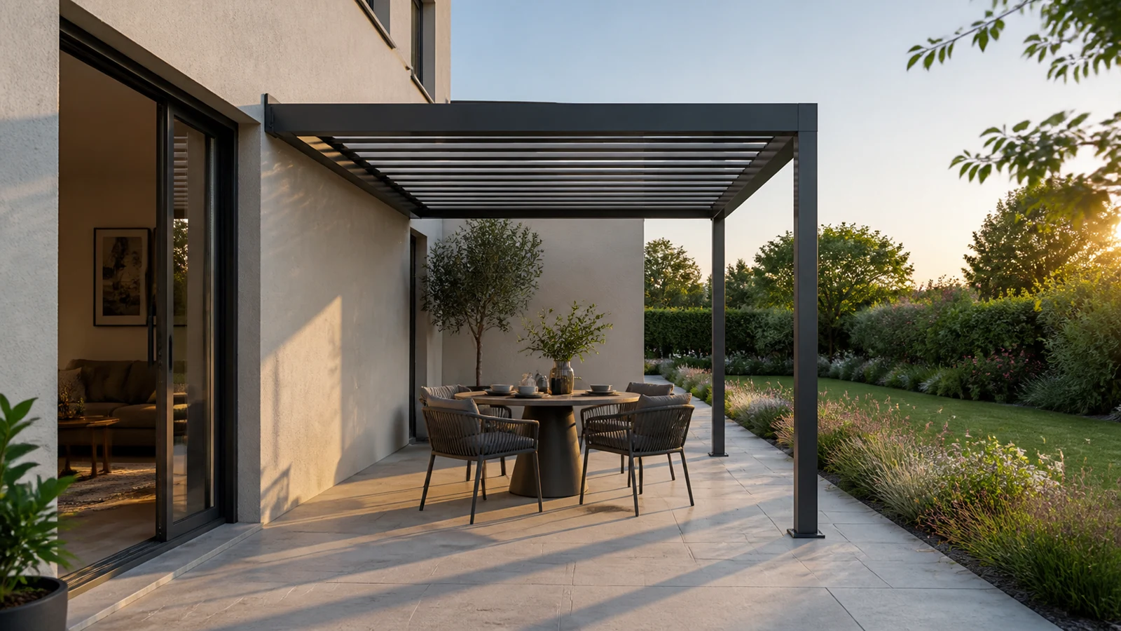 Une terrasse avec table ronde conserve un passage ouvert entre la maison, la pergola et le jardin